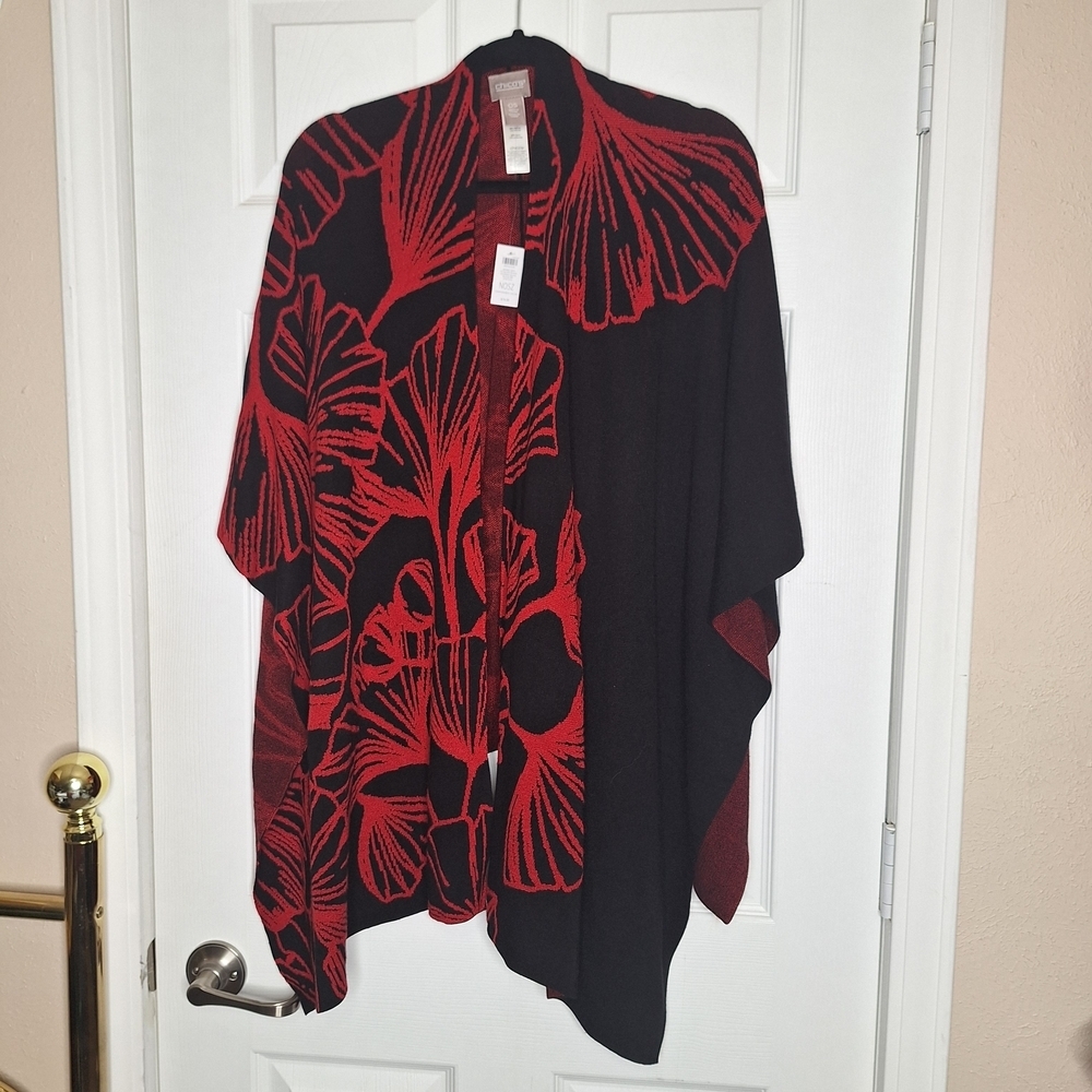 Chico's Gingko Leaf Black and Red Knit Shawl One Size NWT